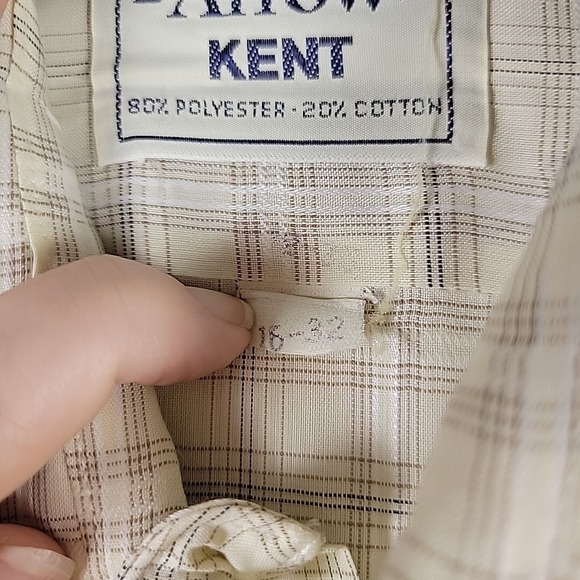 Vtg Arrow Kent Shirt‎ Mens 16 / 32 Poly / Cotton Beige Plaid Dagger Collar - Picture 5 of 8